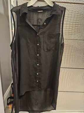 Women’s Sleeveless Button-Front Sheer Tunic Top - Black